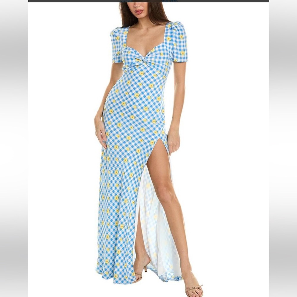 STAUD Milla Dress Gingham Daisy Plaid White Blue Floral